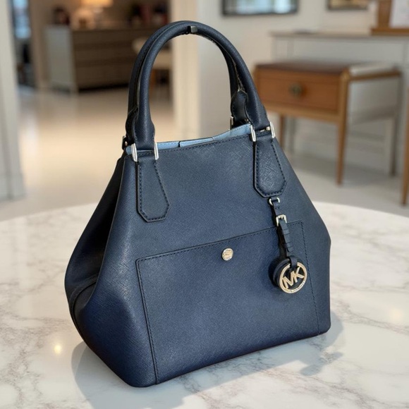 Authentic Michael Kors Blue Greenwich Saffiano Leather Satchel Crossbody Handbag - Picture 2 of 15